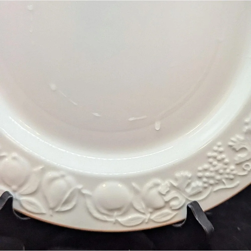 Set/4 Pier 1 Italian Pottery White Embossed Fruit Terra Cotta Edge Dinner Plate